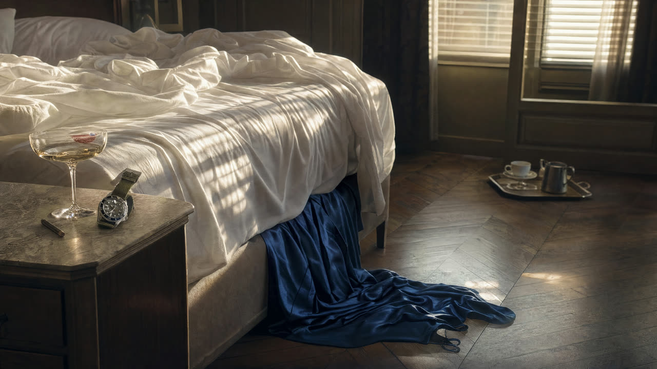 A gown pooled on the floor beside a steel dive watch and a worn pencil at dawn