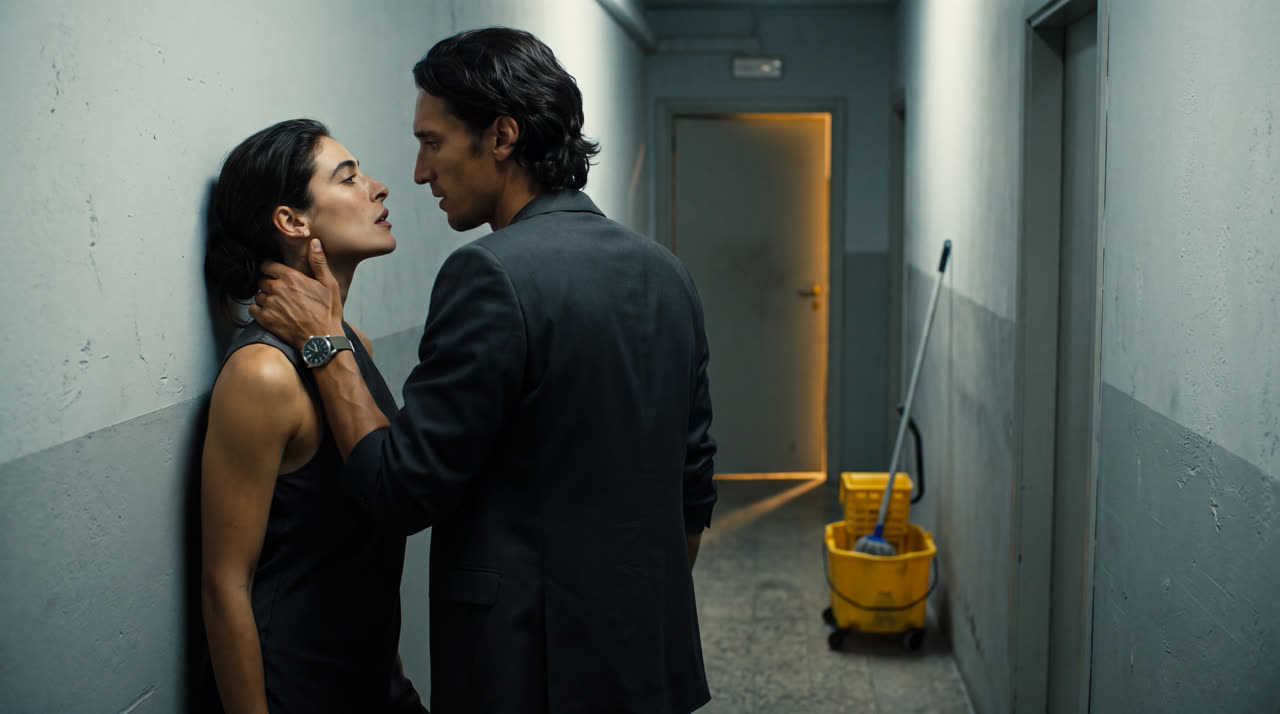 Luka and Sofia a breath apart in a dark service corridor, the kiss not yet happened
