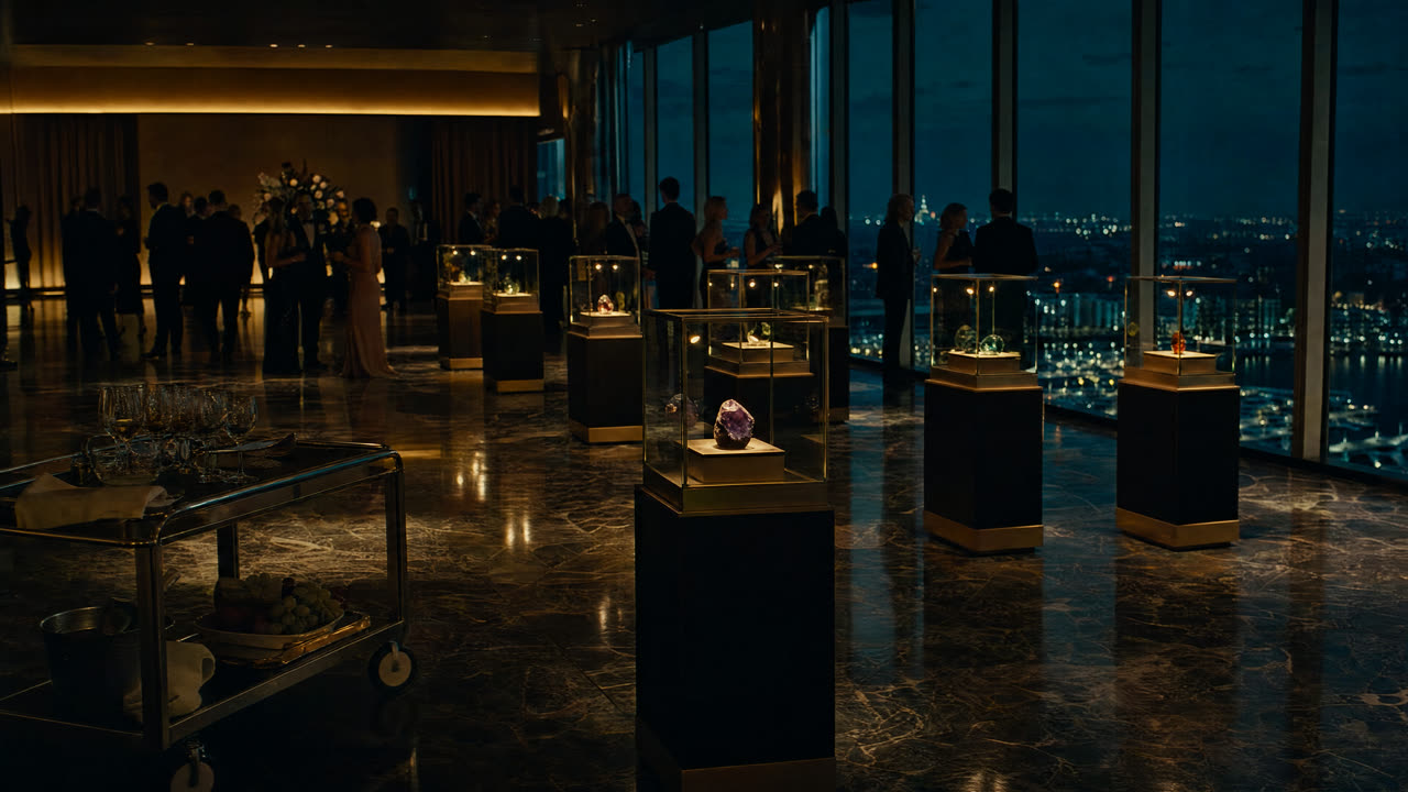 A party floor of glowing gem vitrines above a night marina skyline