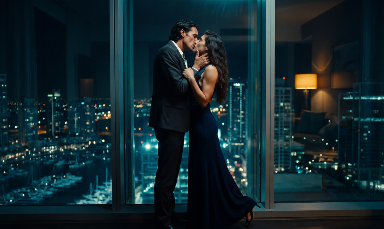 Luka and Sofia kissing in silhouette against the night city glass