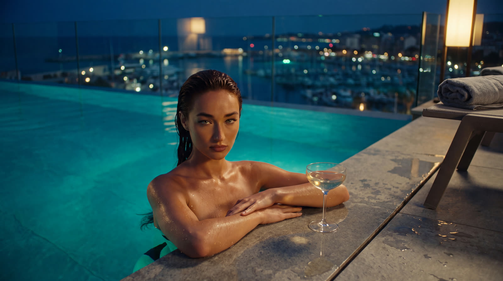 Yasmin at the edge of a turquoise rooftop pool at night, a coupe of champagne beside her