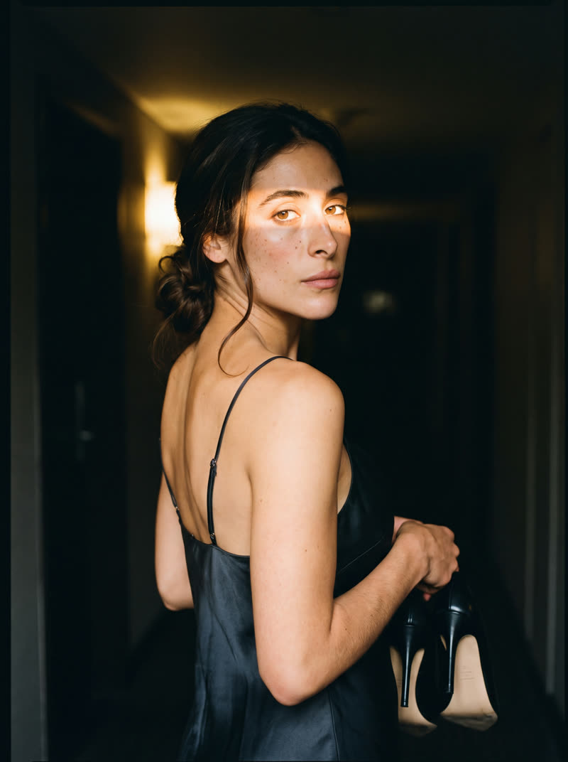 Sofia glancing back over a bare shoulder in lamplight