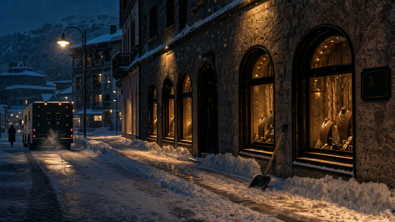 A snowed-in alpine street, jewellery-house windows glowing, an armoured van idling