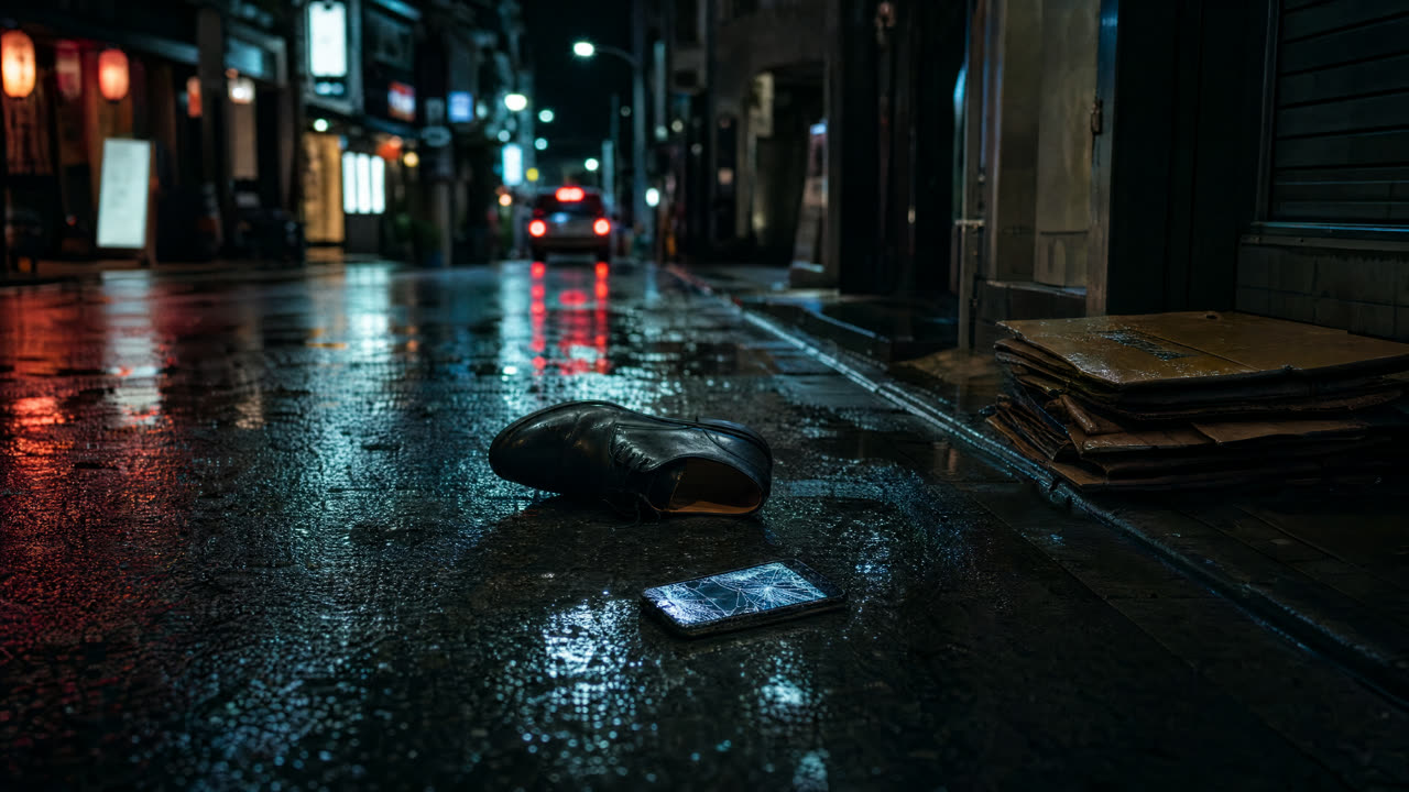 A single shoe and a cracked phone on a wet Ginza side street at night